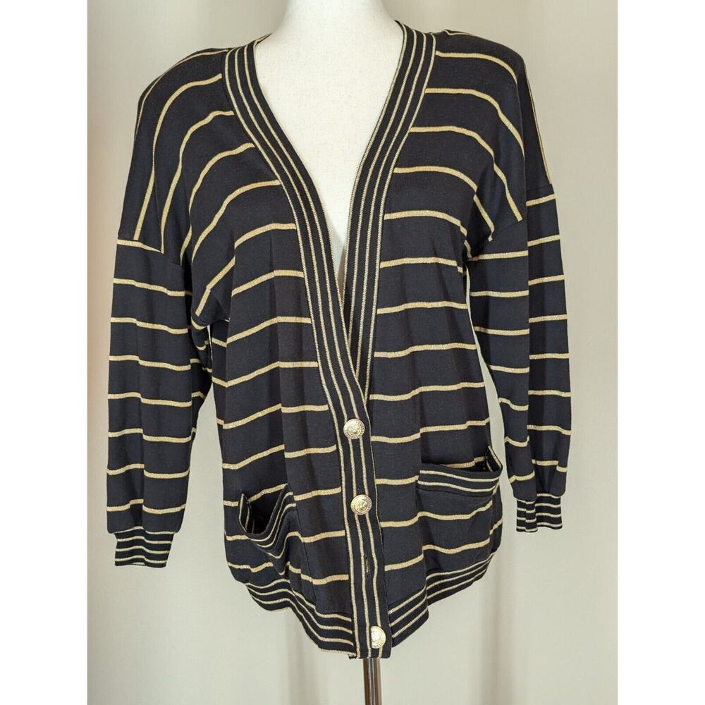 Vtg Peter Popovitch Cardigan Womens S Brown Gold Metallic Stripe Grandpa Sweater
